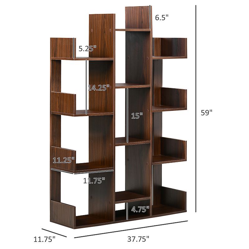 HOMCOM Tree Bookshelf， Modern Freestanding Bookcase with 13 Open Shelves， Display Unit for Living Room， Study， or Office， Brown