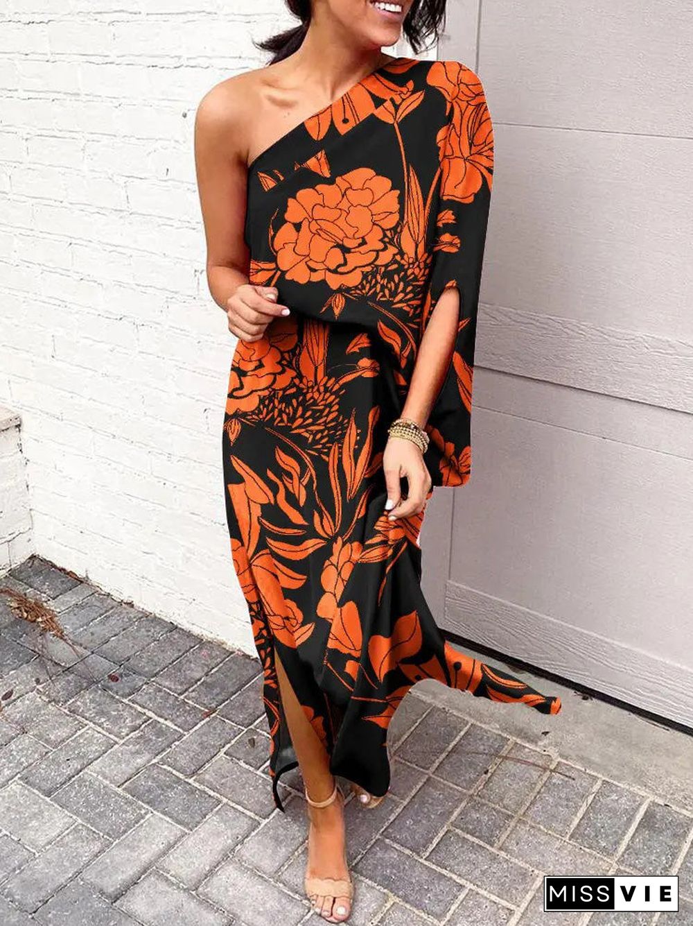 Women'S Dresses Slanted Shoulder Print One Sleeve Dress