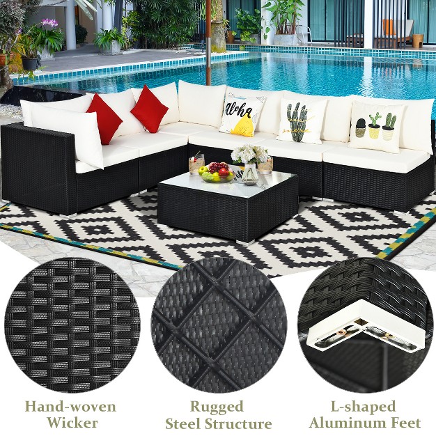 Costway 7pcs Patio Rattan Furniture Set Sectional Sofa Cushioned Glass Table Steel Frame