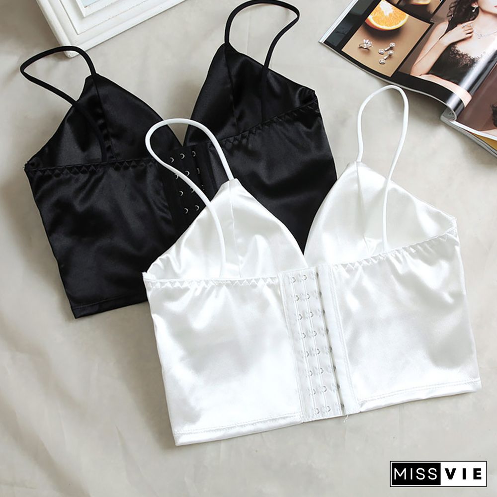 Sexy Satin Crop Tops Women Wireless Bralette Crochet Top Female Spaghetti Strap T-Shirt Cropped With Chest Padded Camisole