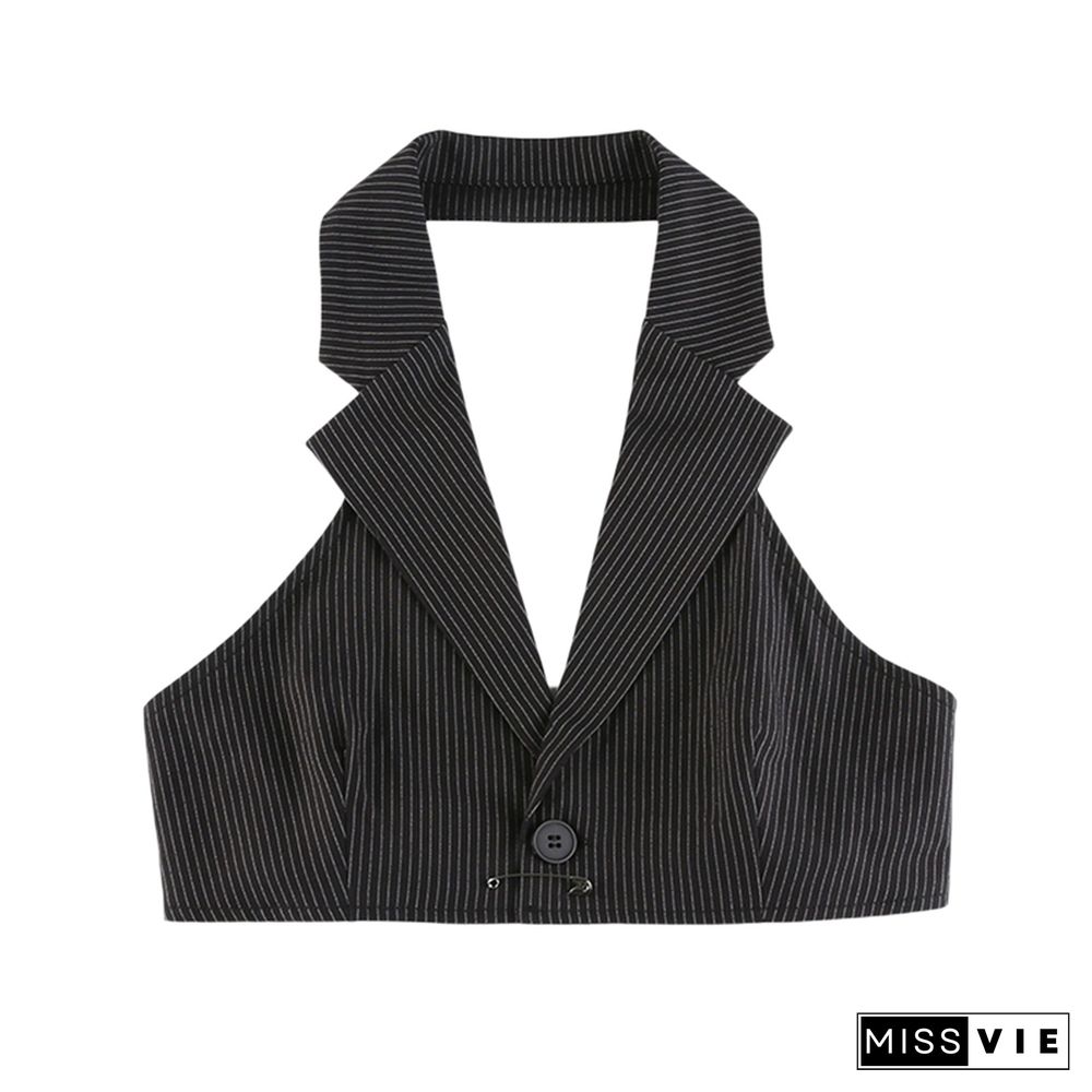 Y2k Crop Tops Classic Stripe Halter Lapel Single Button Vest Vintage Sleeveless Waistcoat Women Clothes