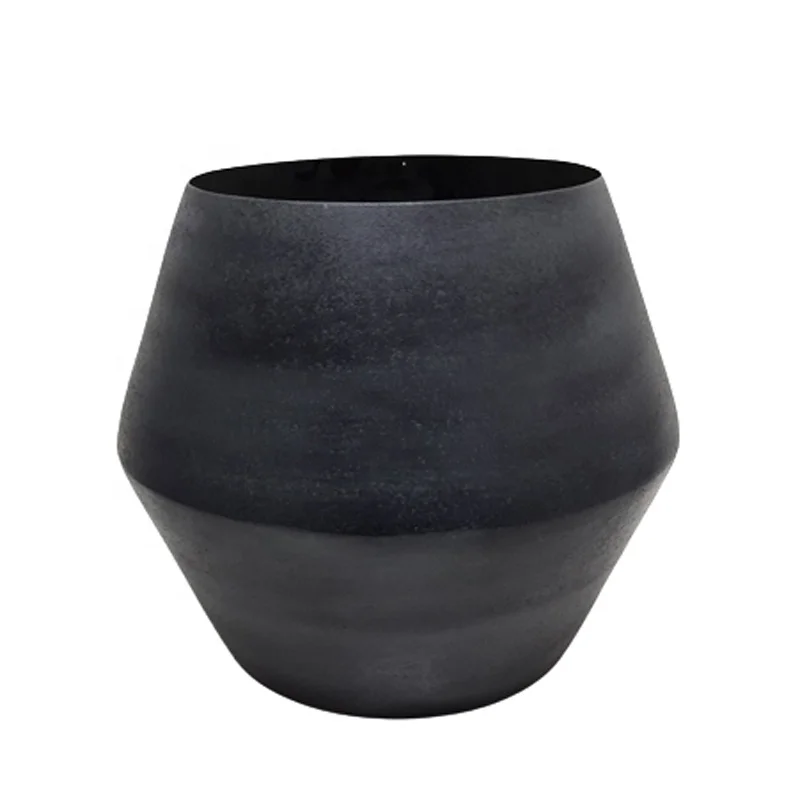 Hot Selling Desktop Iron Round Planter Black Wood Texture Modern Style Flower Pot And Vase For Home And Garden Decor