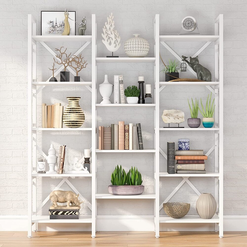 Triple Wide 5 Shelf Bookcase  Etagere Large Open Bookshelf Vintage Industrial Style Shelves Wood and Metal bookcases