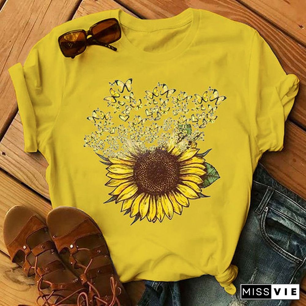 New Fashion Butterfly Sunflower Printed T-shirt for Women Graphic Tee Shirt Ladies Summer Casual Short Sleeve Tee Tops Clothes