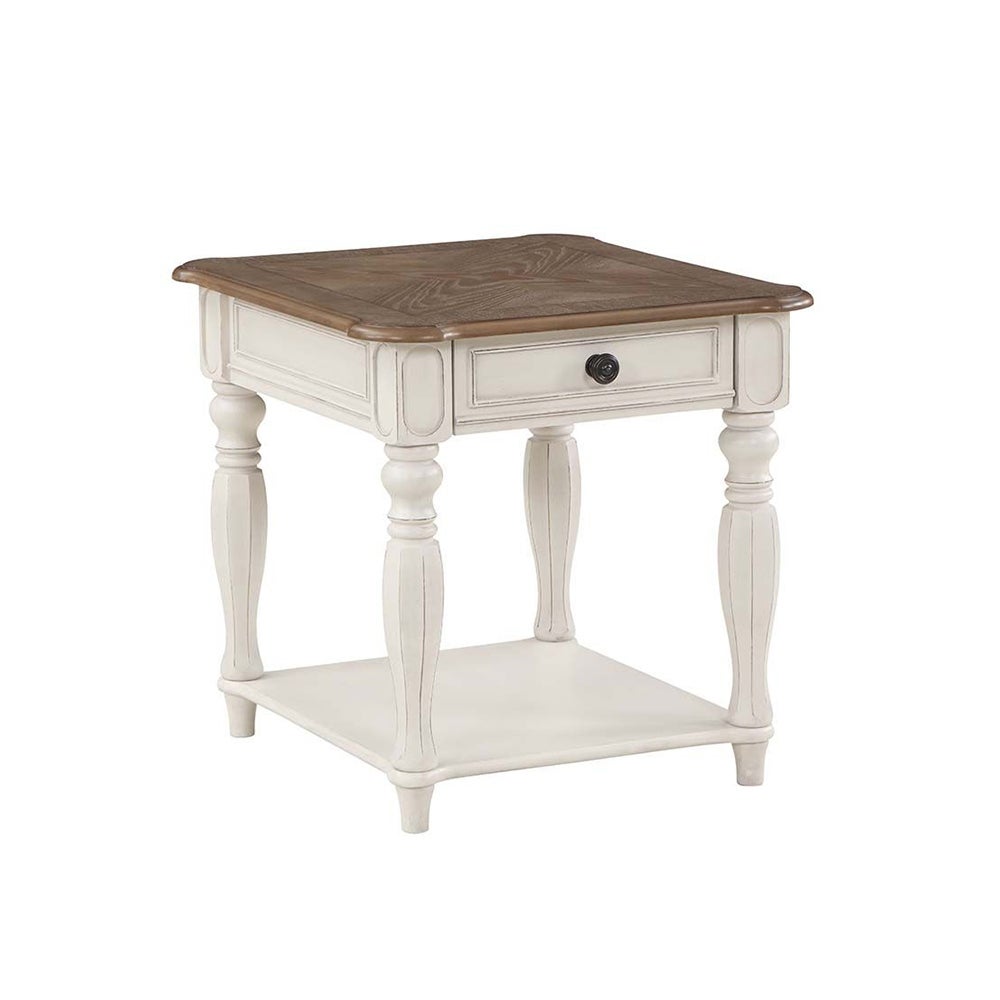 1 Drawer Wooden End Table in Antique White and Oak