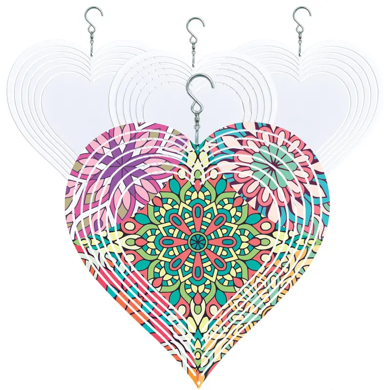 Wholesale Blank Aluminum Sublimation Custom Size 8'' 8Inch 10 Inch Rainbow Heart Shaped Wind Spinners Christmas Ornaments