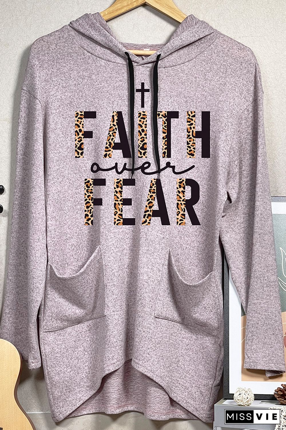 Faith Over Fear Half Leopard Black Print Pockets Hooded Dress Wholesale