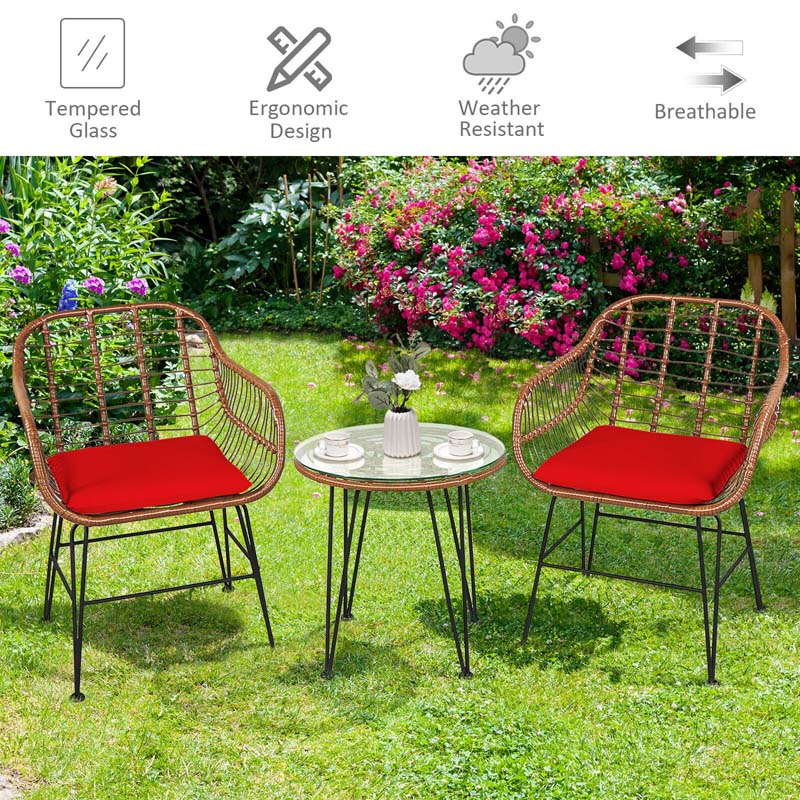 3 Pcs Patio Conversation Bistro Set Outdoor Rattan Furniture Set with Round Table & 2 Rattan Cushioned Armchairs