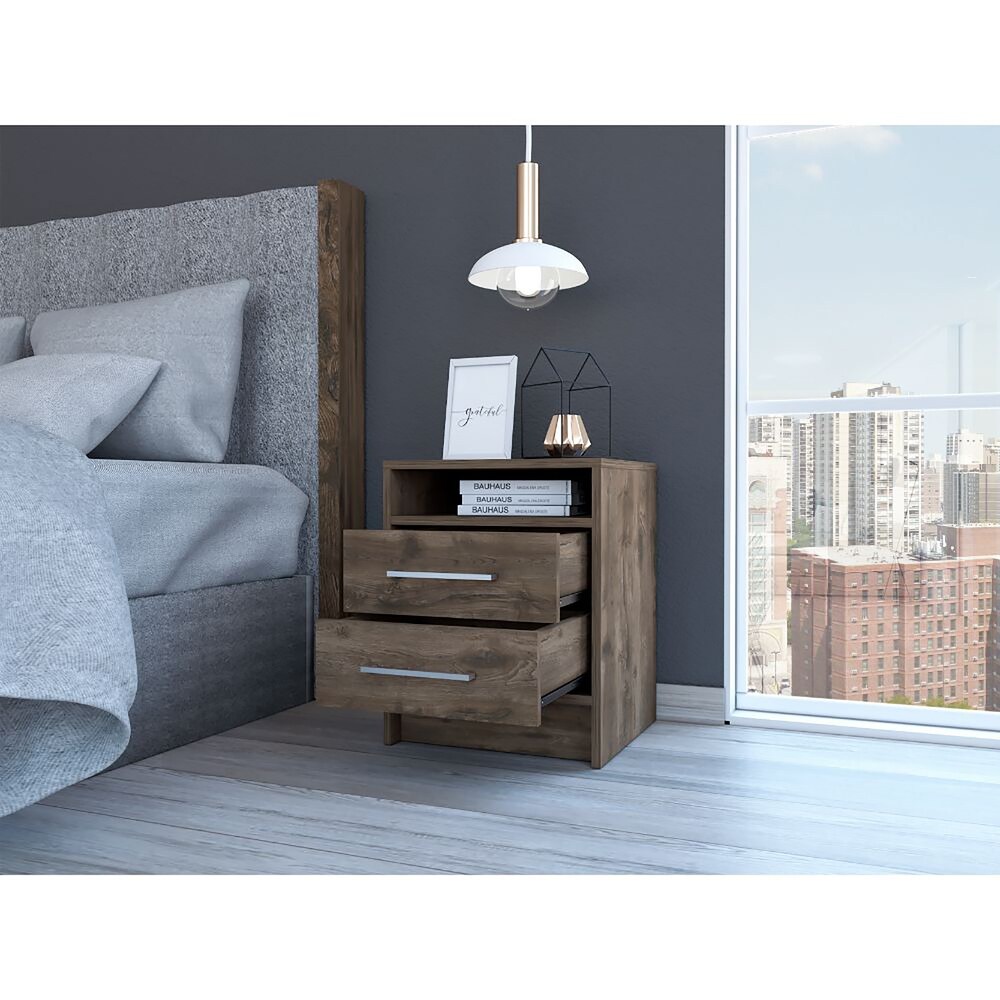 Wooden Nightstand with Two Drawers and Metal Handles
