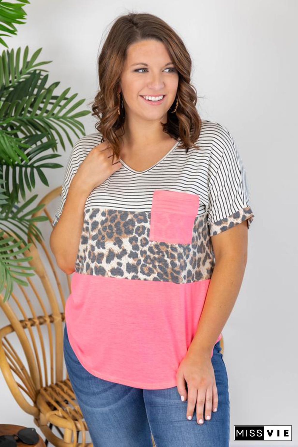 Pink Color Block Splicing Striped Leopard Plus Size Tee