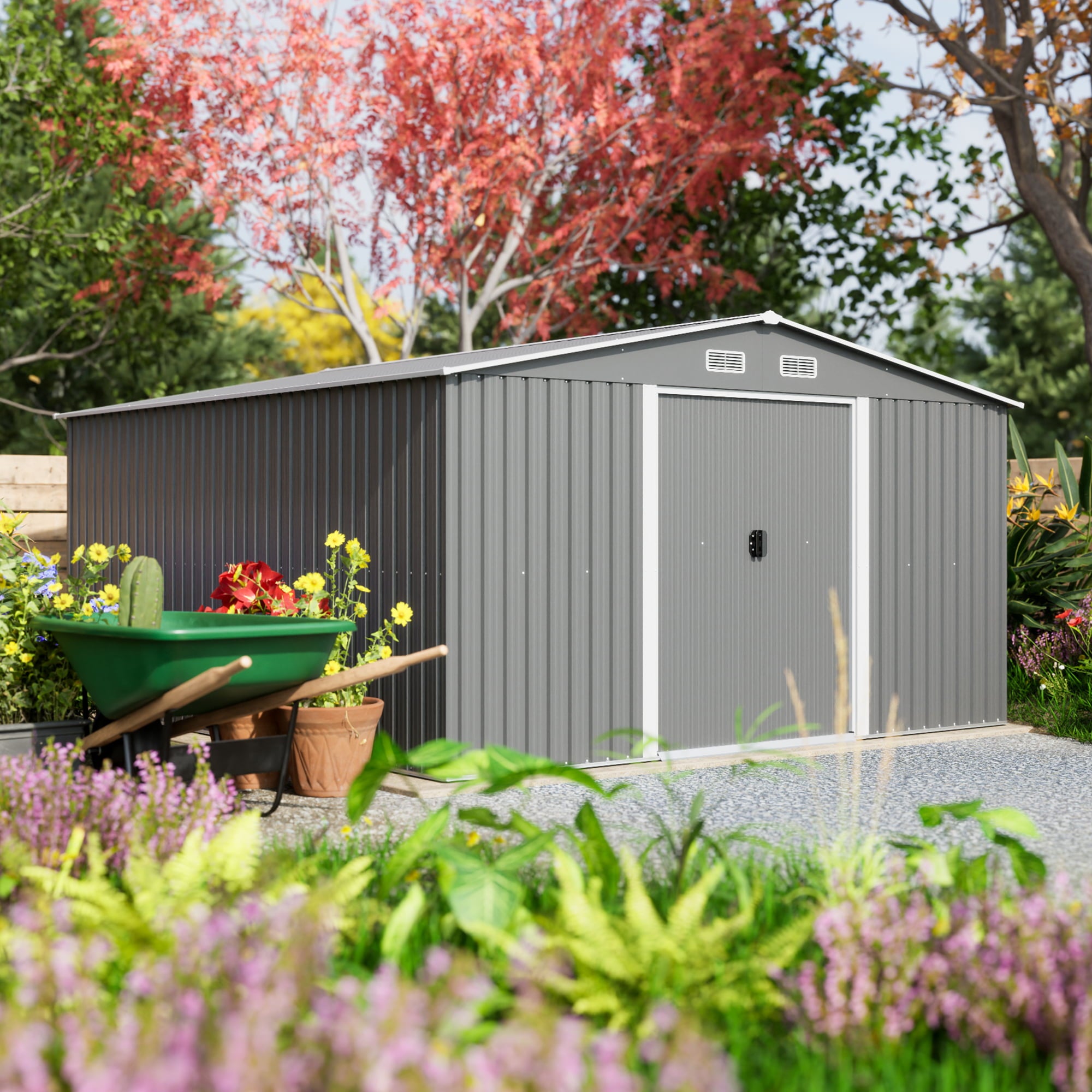 LZBEITEM 11 x 13 ft. Outdoor Storage Shed，Galvanized Steel Garden Shed，Metal ShedsGarden Tool Shed with Double Lockable Sliding Doors for Backyard Patio Lawn,Gray