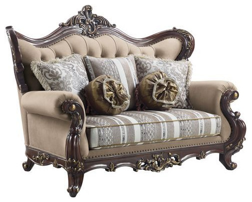 ACME Ragnar Loveseat With 5 Pillows  Light Brown Linen and Cherry Finish   Victorian   Loveseats   by Acme Furniture  Houzz