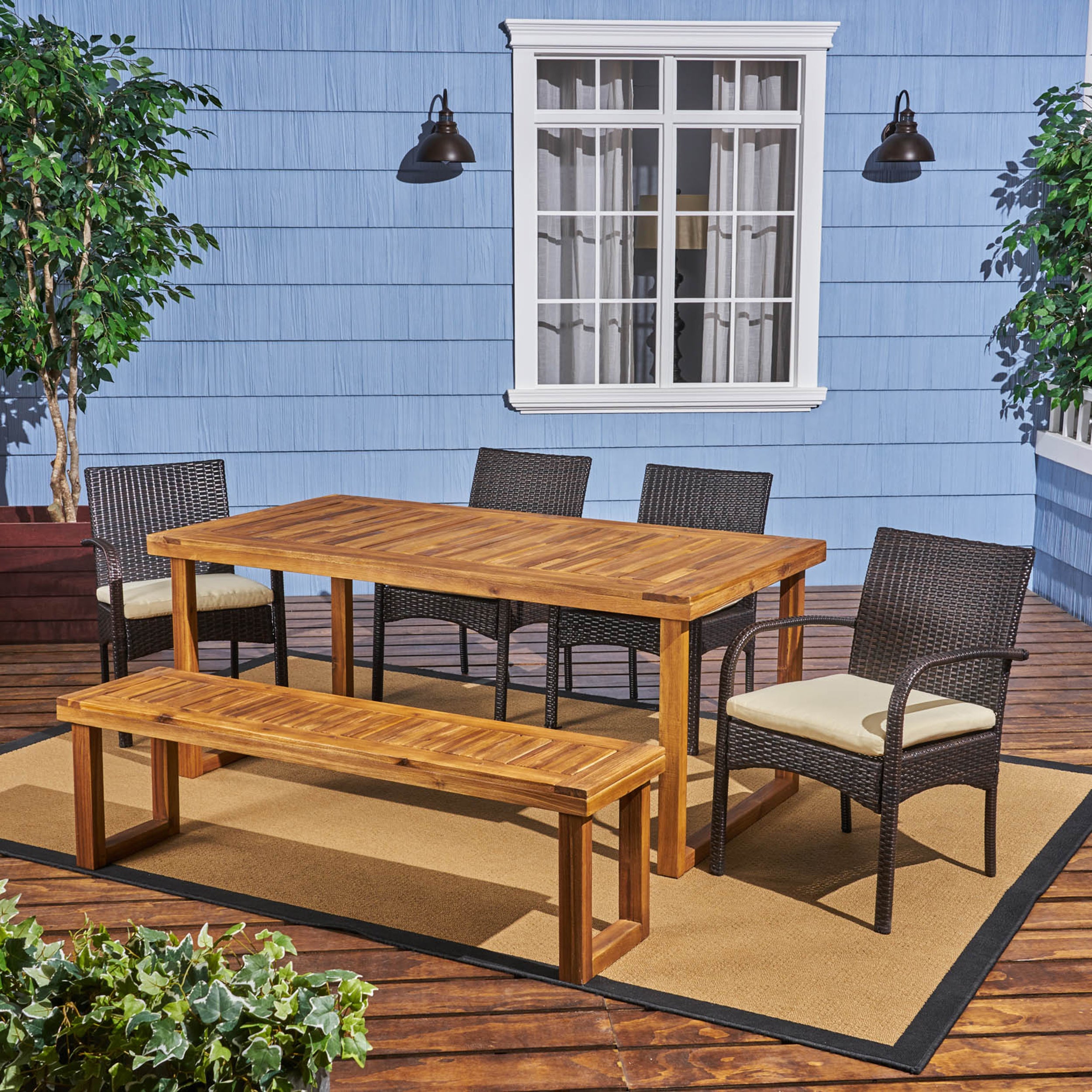 Stonecrest Outdoor 6-Seater Wood and Wicker Chair and Bench Dining Set