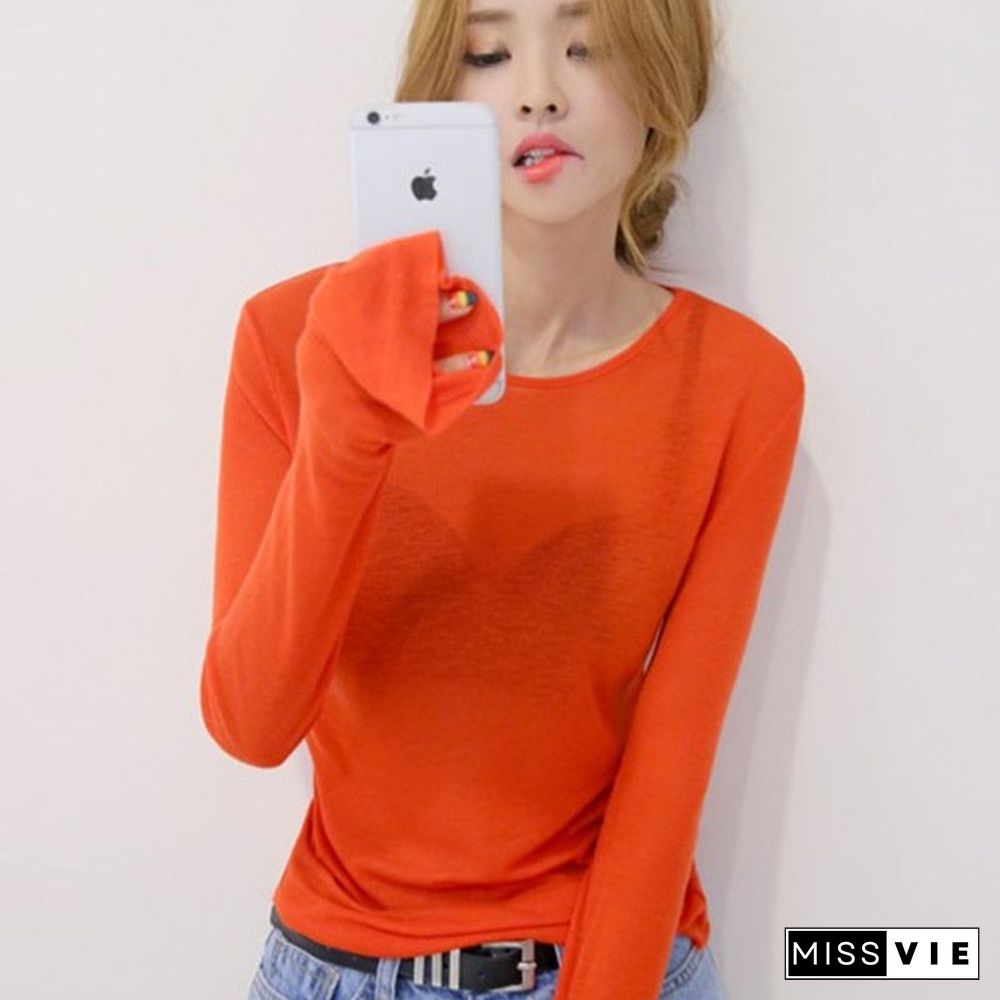 Christmas Gift Thin See Through High Quality Plain T Shirt Women Cotton Elastic Basic Long Sleeve Sheer Slim Ladies T-Shirt Korean Style Tops