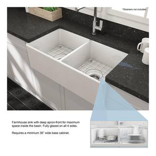 Glacier Bay Farmhouse Apron-Front Fireclay 33 in. Double Bowl Kitchen Sink in White with Bottom Grid 3ABRB-39-001