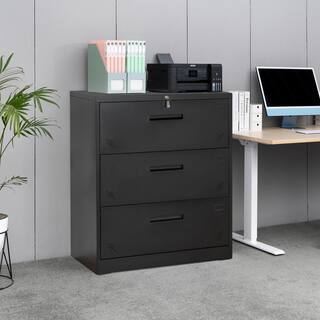 Tenleaf Black 3 Drawer Lateral Filing Cabinet for LegalLetter A4 Size Large Deep Drawers Locked by Keys SXB262864