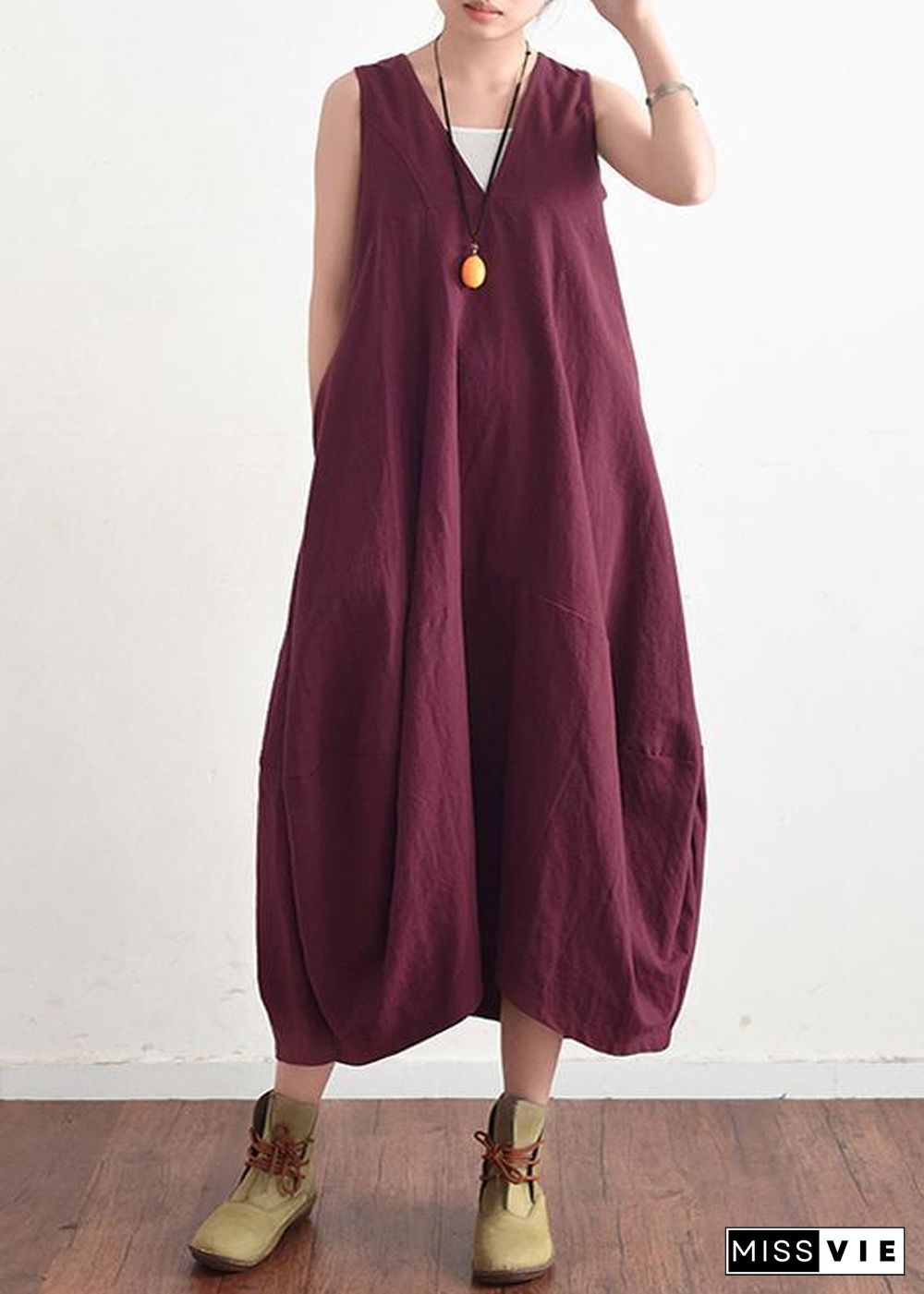 Summer V Neck Cotton Linen Long Dress Solid Baggy Casual Lace Up Backless