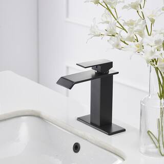 BWE Waterfall Single Handle Single Hole Low-Arc Bathroom Faucet Bathroom Drip-Free Vanity Sink Faucet in Matte Black A-96021B-SS