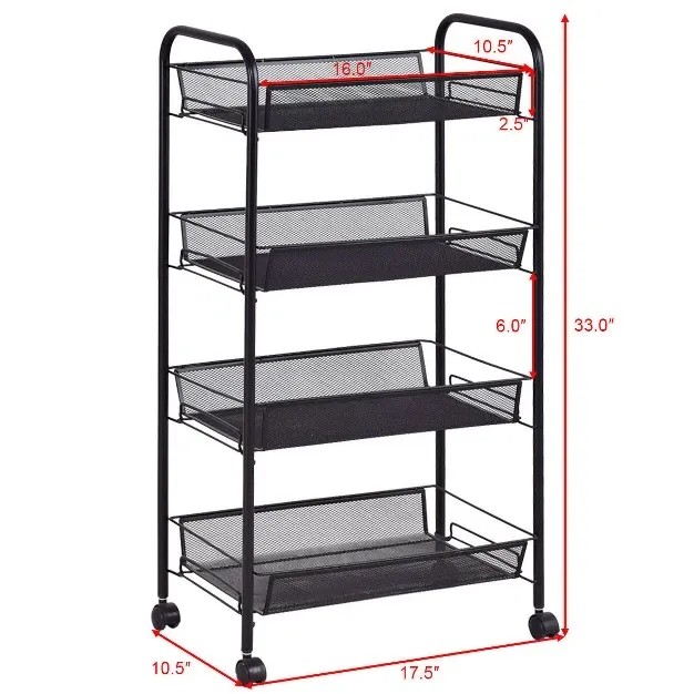 4 Tier Storage Rack Trolley Cart Home Kitchen Organizer Utility Baskets Black