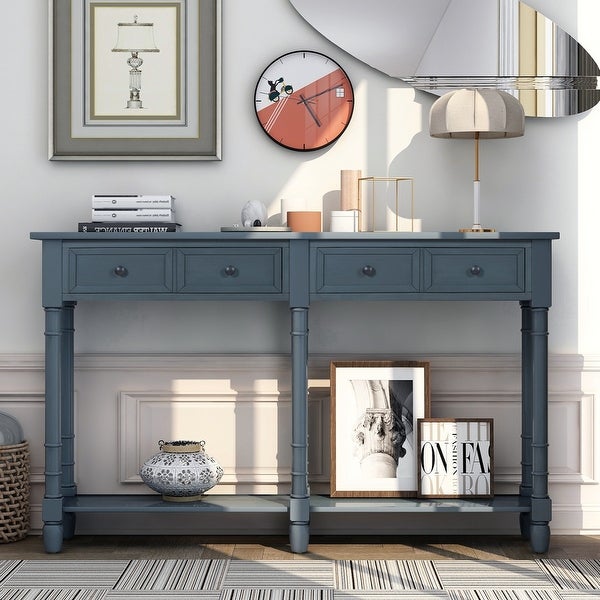 Console Table Easy Assembly with Two Storage Drawers and Bottom Shelf for Living Room