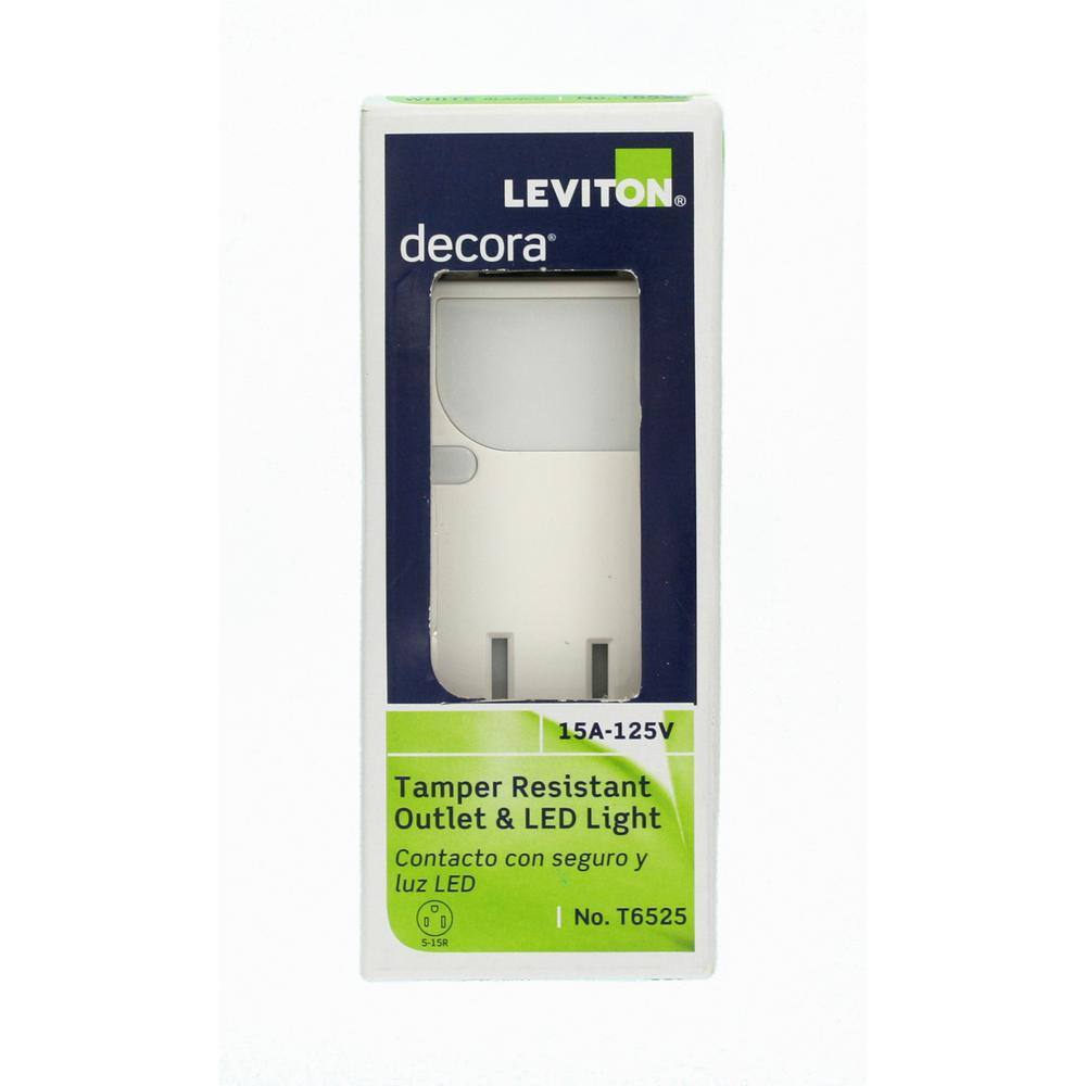 Leviton Decora 15 Amp Combination Single Outlet with LED Sensor Guide Light White T6525-W