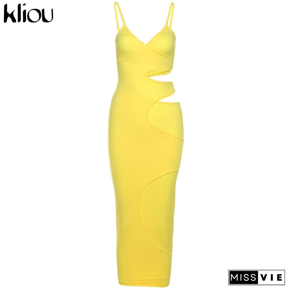 Kliou Cut Out Show Waist Sexy Maxi Dress Women Shape Streetwear Sleeveless Skinny Slim Bodycon Vestidos Sense of Design Hot