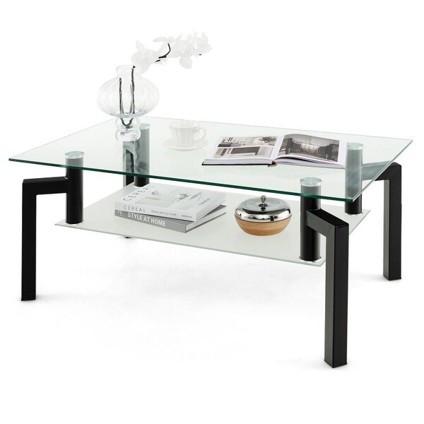 2-Tier Rectangular Glass Coffee Table with Metal Tube Legs-Black - 39.5