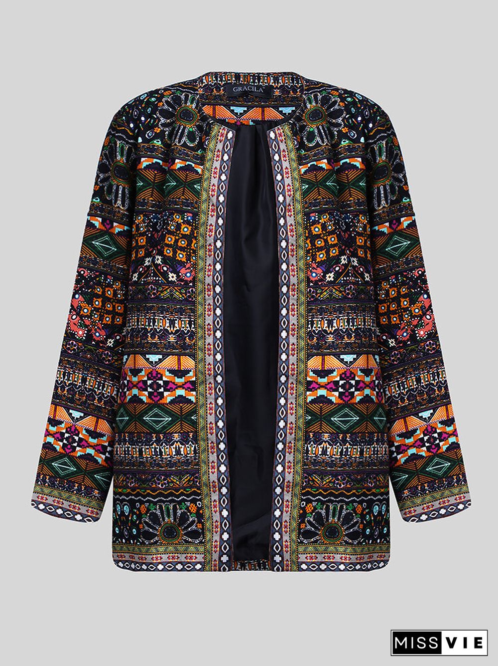 Vintage Ethnic Print Ribbon Patchwork Pockets Long Sleeve Jackets