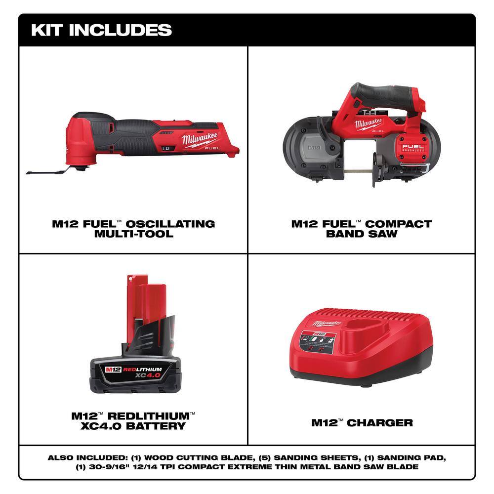 MW M12 FUEL 12-Volt Lithium-Ion Cordless Oscillating Multi-Tool and M12 FUEL Compact Band Saw with Battery and Charger 48-59-2440-2526-20-2529-20