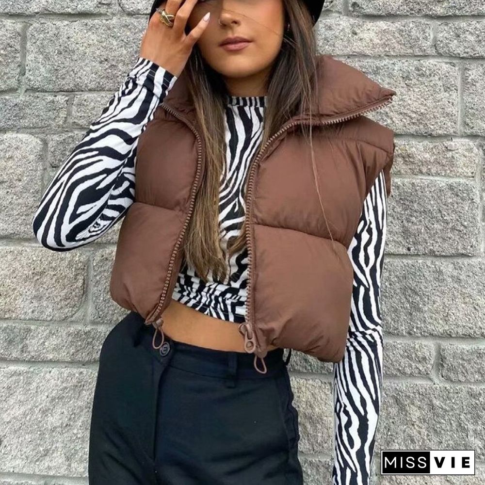 Women Fashion Brown Cropped Vest Coat Female Stand Collar Zipper Waistcoat Ladies Casual Outerwear