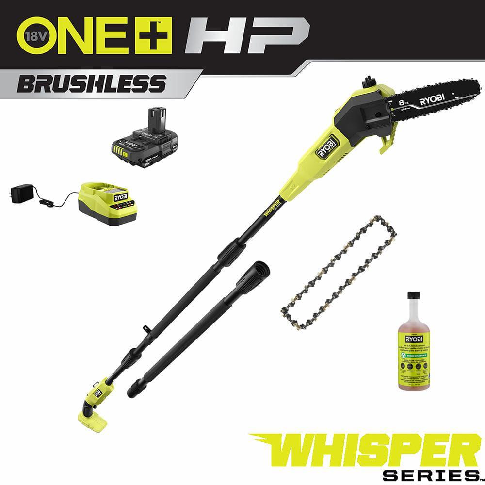 RYOBI ONE HP 18V Brushless Whisper Series 8 in Cordless Pole Saw with Extra Chain Bar and Chain Oil Battery and Charger