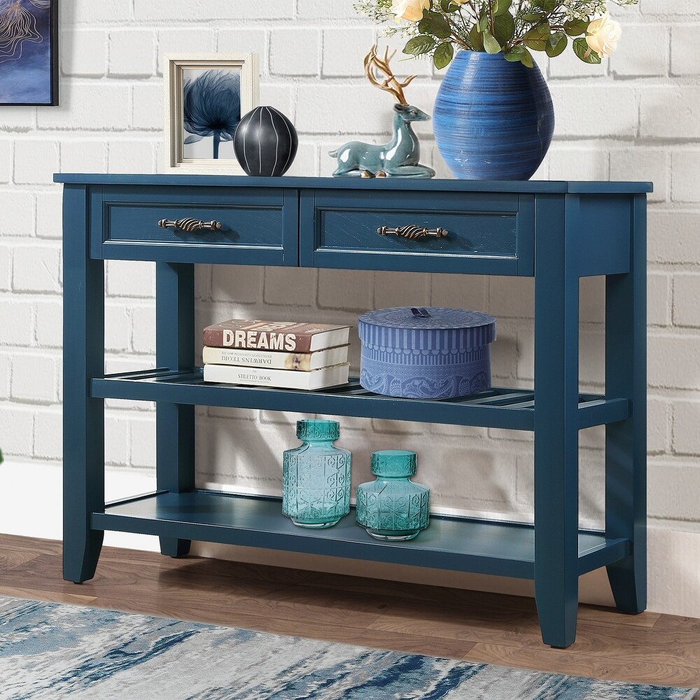 Wood Console Table Entryway Sofa Table with Storage Shelves  Navy Blue