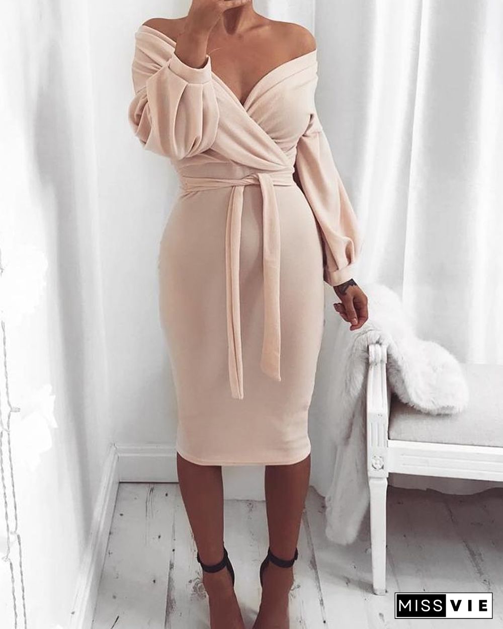 Off Shoulder Twisted Waist Tie Sexy Midi Dress P13670