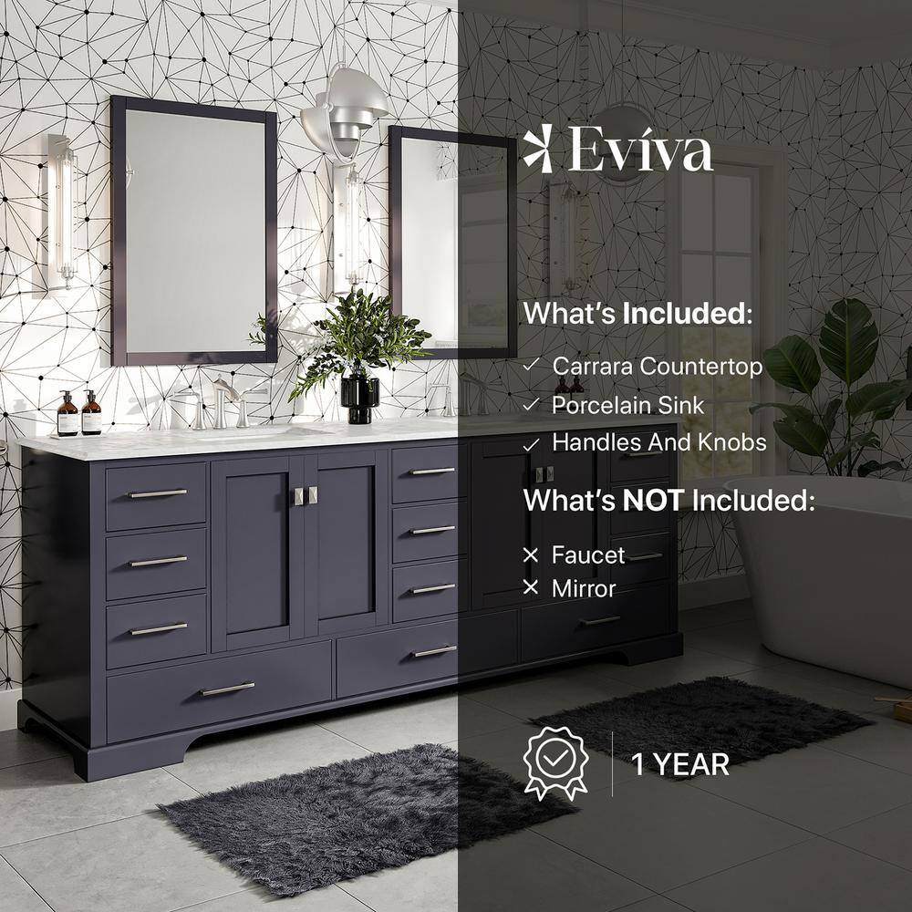 Eviva Storehouse 84 in. W x 22 in. D x 34 in. H Bathroom Vanity in Dark Gray with White Carrara Marble Top with White Sink EVVN416-84DGR