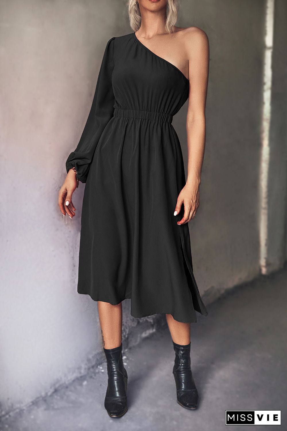 One Shoulder Elastic High Waist Midi Dress