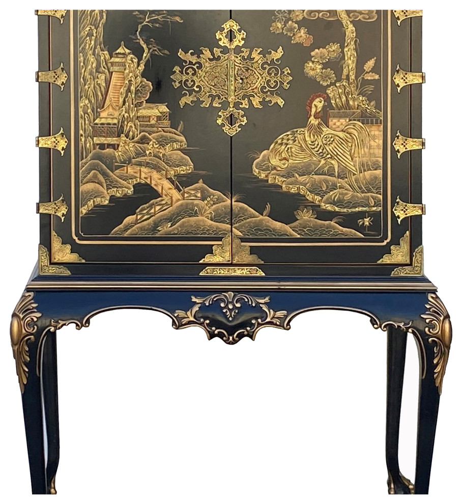 Vintage Chinoiserie Black And Gold Graphic Claw Legs Cabinet Hcs7263   Asian   Accent Chests And Cabinets   by Golden Lotus Antiques  Houzz