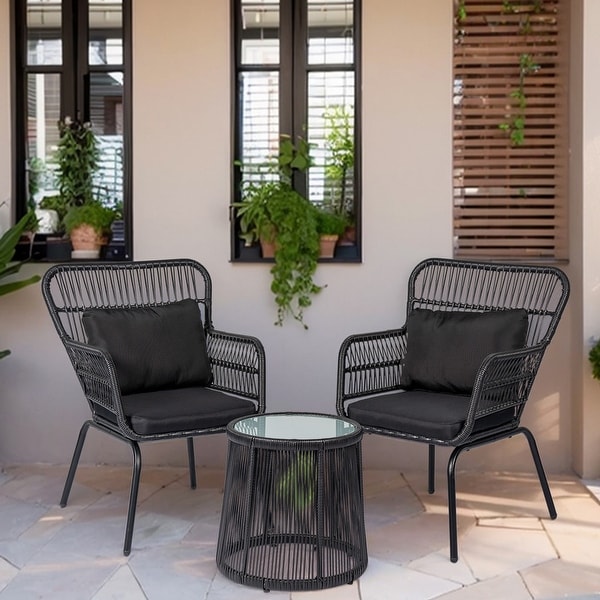 3 Piece Outdoor Wicker Conversation Bistro Set，AllWeather Rattan Furniture Patio Chairs Set with Cushions