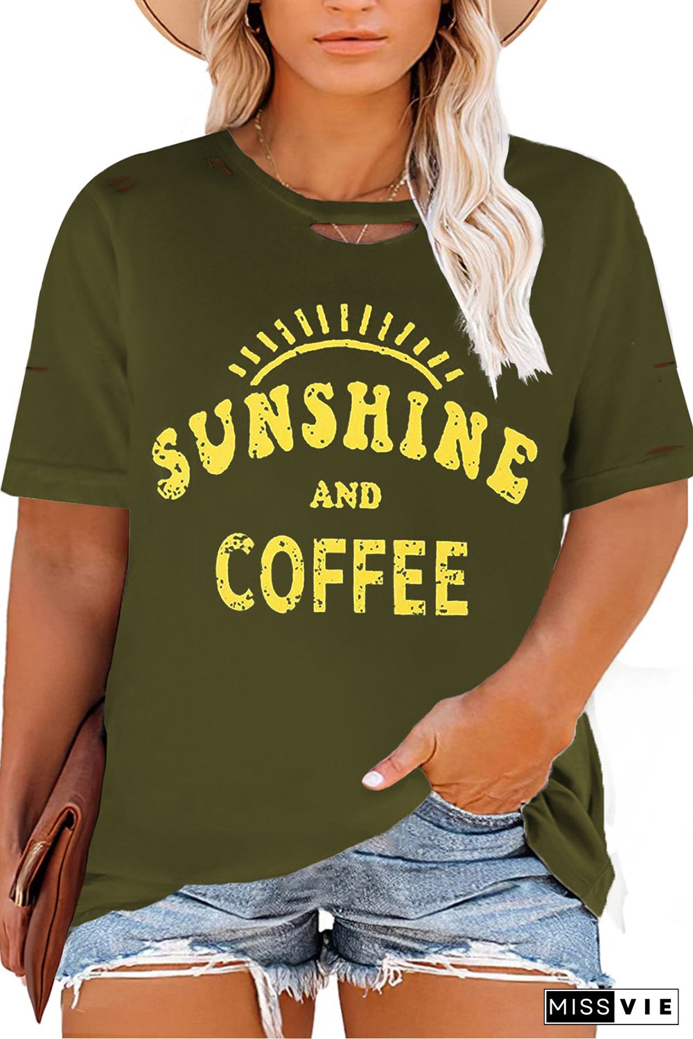 SUNSHINE AND COFFEE Graphic Ripped Plus Size Tee