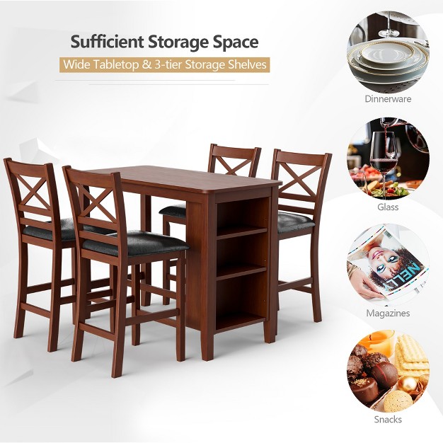 Costway 5pcs Pub Dining Table Set W Storage Shelves amp 4 Upholstered Chairs Walnut