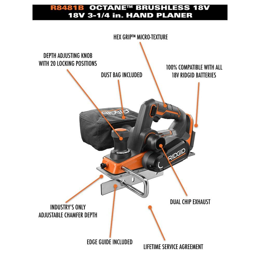 RIDGID 18V OCTANE Brushless Cordless 3-1/4 in. Planer Kit with Dust Bag, Dust Port, Edge Guide, 2.0 Ah Battery, and Charger R8481KSBN