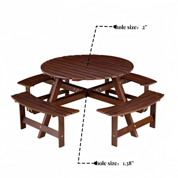 Outdoor Round Picnic Table with 4 Builtin Benches and Umbrella Hole