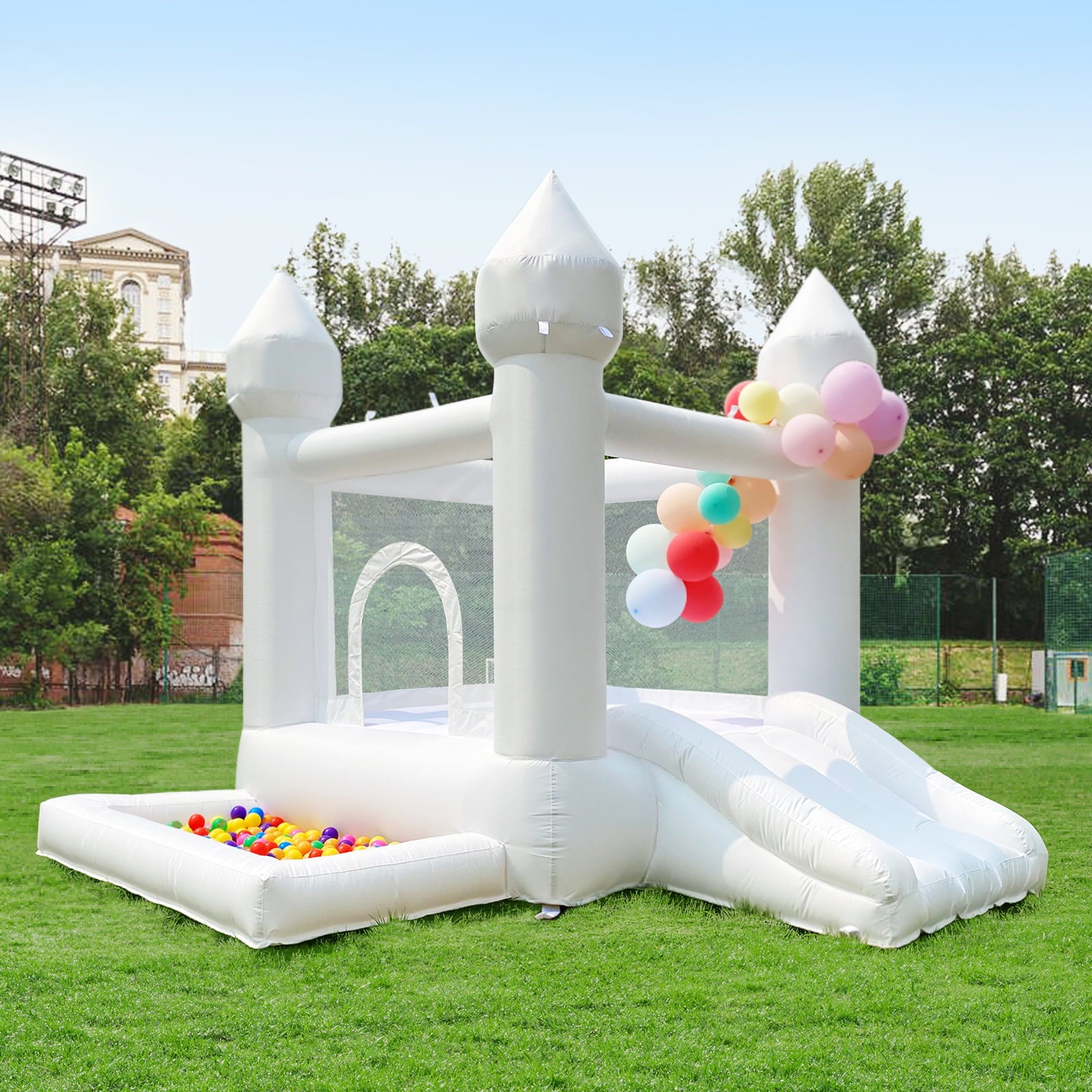 Connsann White Bounce House with Air Blower White Bouncy Castle with Slide and Ball Pit for Home Birthday Party Gift for Kids/Toddler (9x9FT White)
