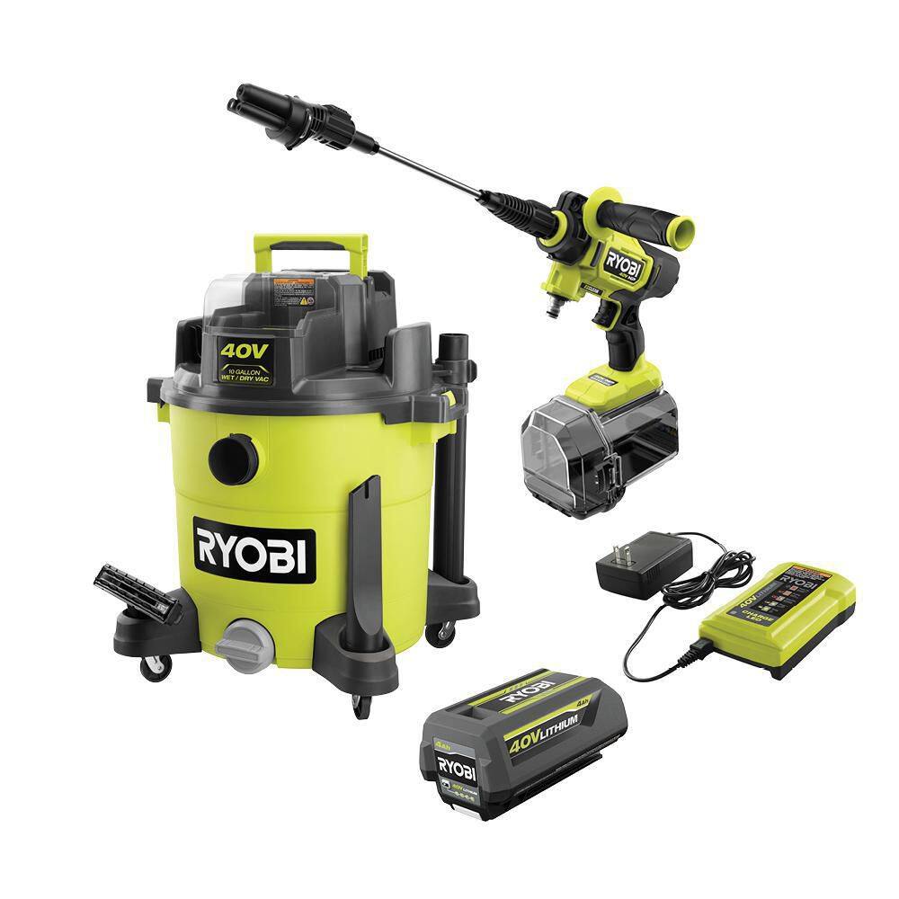 RYOBI 40V 10 Gal. Cordless WetDry Vacuum with 40V HP Brushless EZClean 600 PSI Power Cleaner 4.0 Ah Battery and Charger RY40WD01K-RY124050VNM