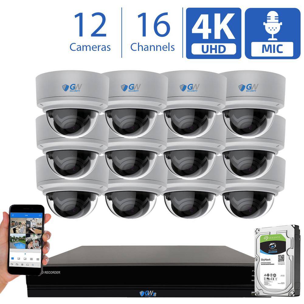 GW Security 16-Channel 8MP 4TB NVR Security Camera System with 12 Wired Dome 4X Optical Zoom Camera Color Night Vision Microphone GW8171MIC12-4T