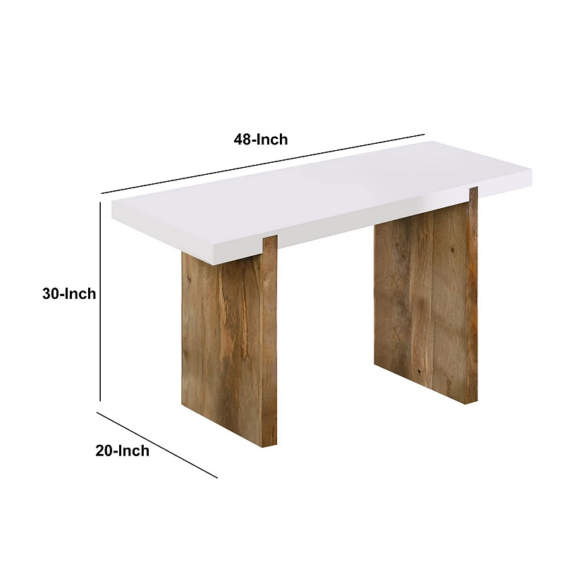 Kerry 48 Inch Rectangular Mango Wood Console Table， Sled Base， Glossy White， Natural Brown