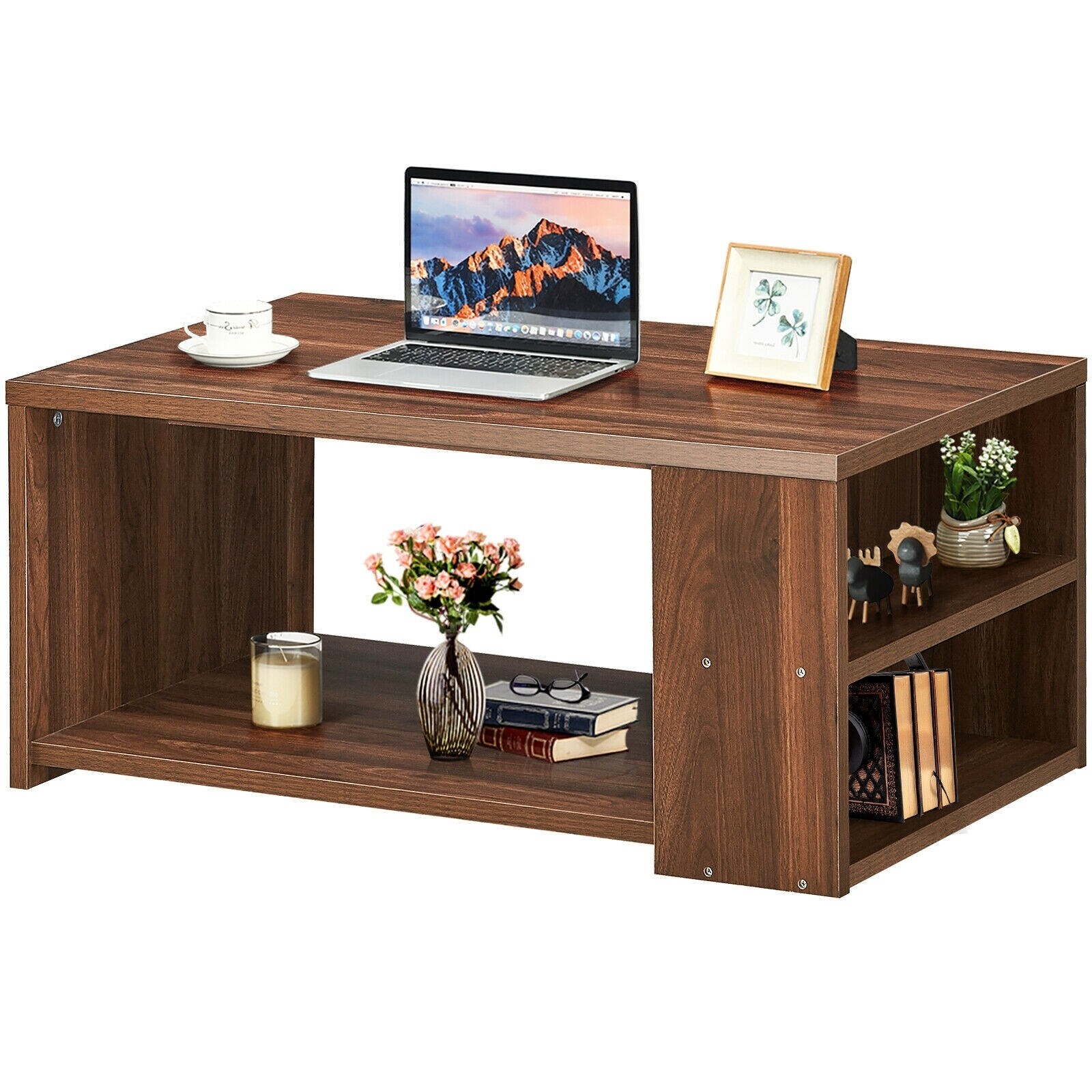 Coffee Table Sofa Side Table with Storage Shelves -Walnut - 35