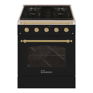 Hallman CLASSICO 30 in.4.2 Cu. ft. 4 Burner Freestanding All Gas Range with LP Gas Stove and Gas Oven Glossy Black Brass Trim HCLRG30BSGB-LP