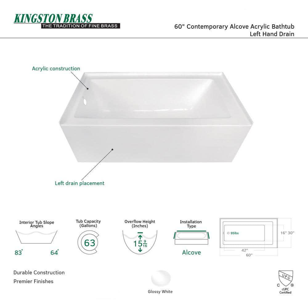 Kingston Brass Contemporary 5 ft Acrylic Left Hand Drain Rectangular Alcove NonWhirlpool Bathtub in White