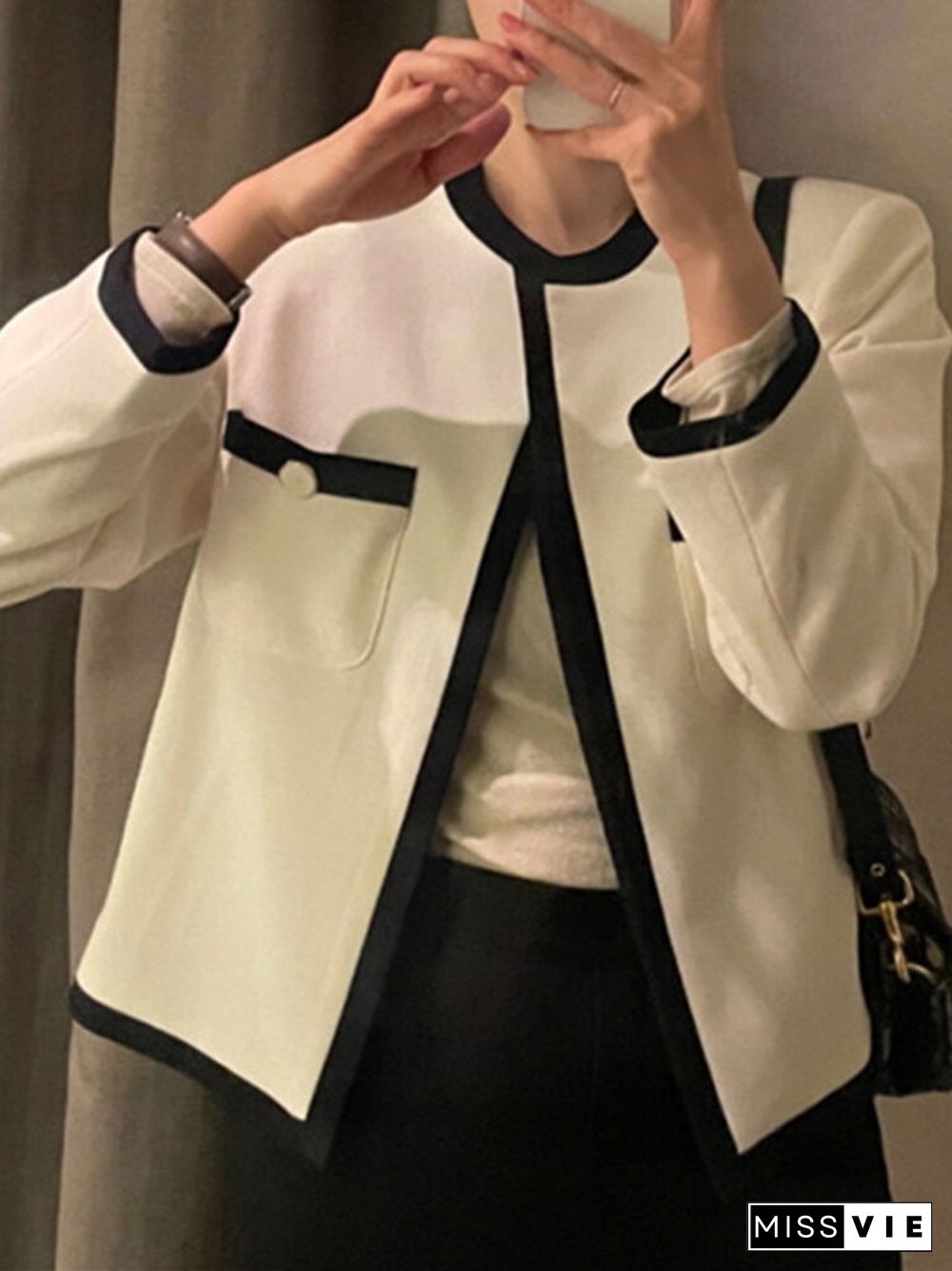 Contrast Color Open Front Long Sleeve Jacket For Women