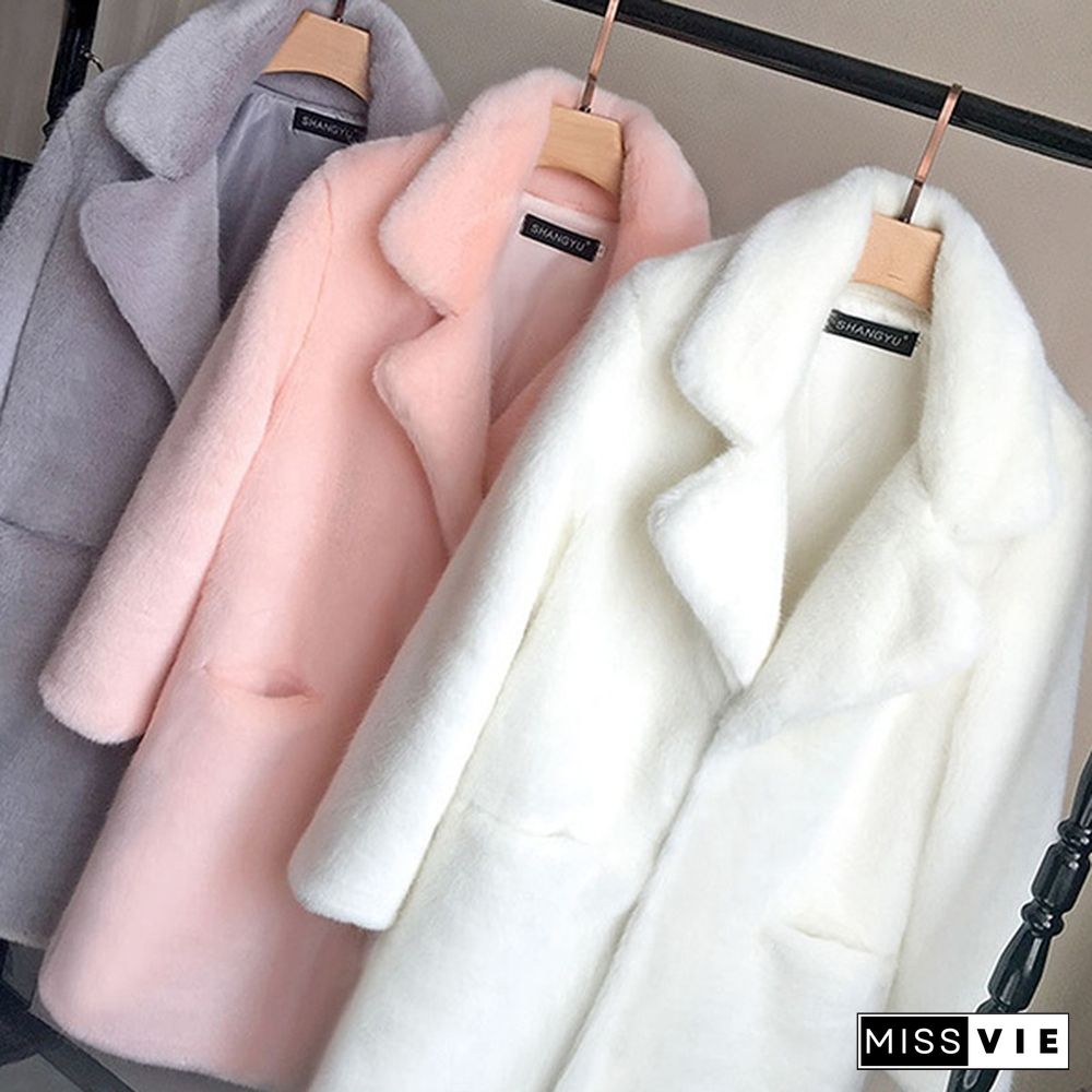 Women Mink Faux Fur Coat Solid Female Turn Down Collar Winter Warm Fur Lady Overcoat Casual Jacket